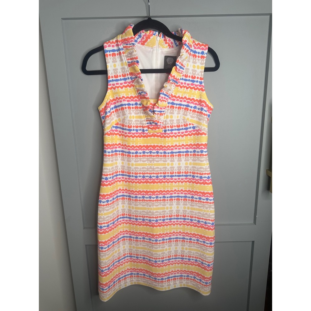 Vince Camuto Women's Dress Sleeveless Ruffle Neck Sheath Colorful Size 4